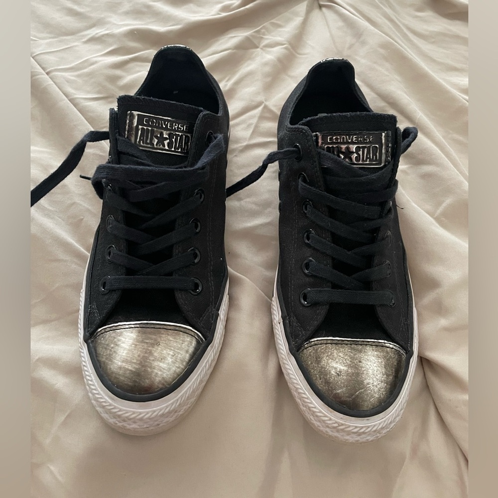 Converse Black and Silver Chuck Taylor All star sneakers in excellent condition.